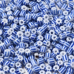 Seed beads, 6/0, blå/hvid stribet, 10 gram